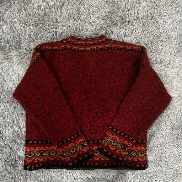 Icelandic Design Sweater M Cardigan Sweater Nordic Wool Artsy Red Black Toggles - Picture 8 of 9